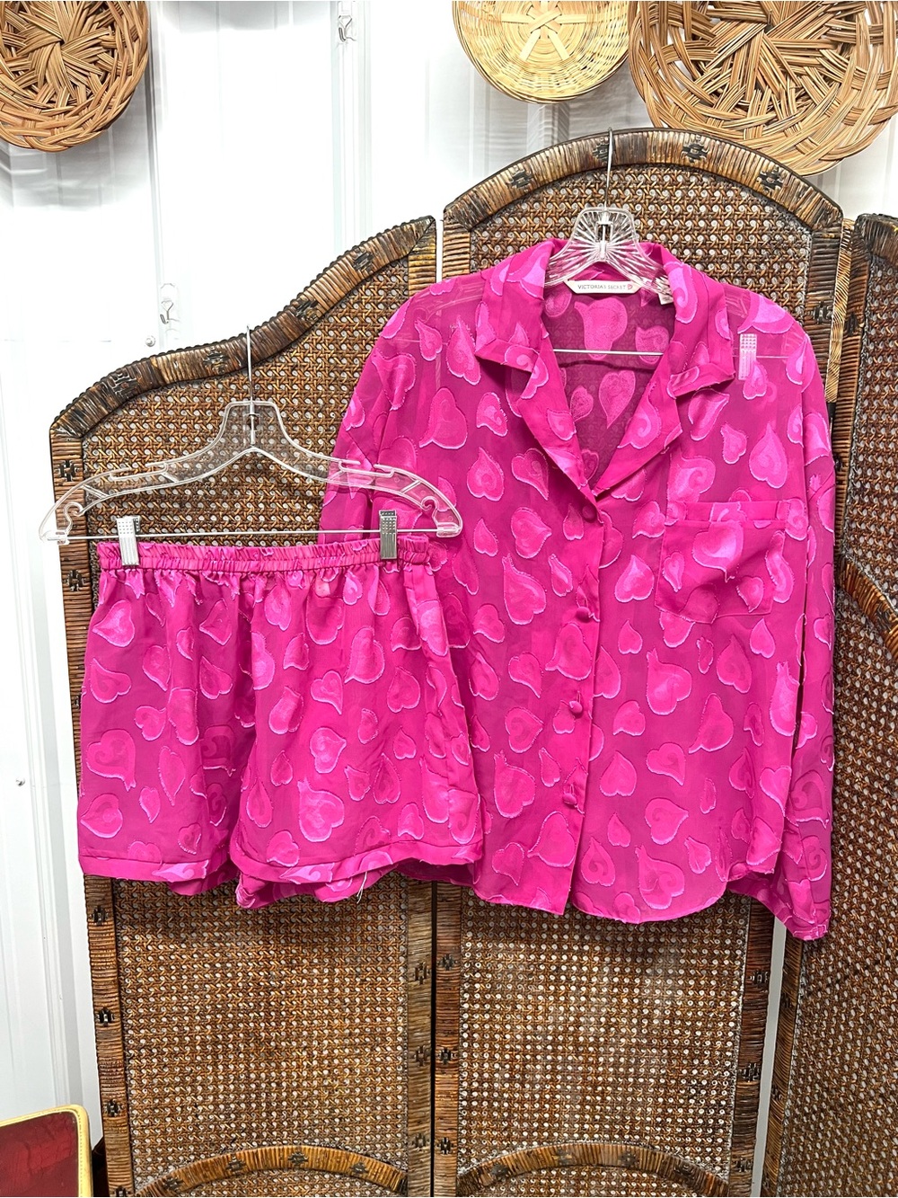 Victoria’s Secret pajama set shorts pink sheer hearts medium